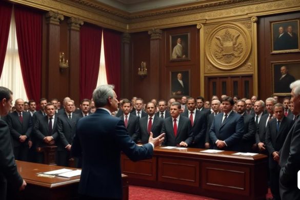 Una escena dramática se desarrolla en una gran cámara parlamentaria, llena de tensión y anticipación. La habitación está adornada con cortinas de terciopelo rojo intenso y acentos dorados, lo que refleja el peso de los debates constitucionales que tienen lugar. En primer plano, un grupo diverso de 'políticos' se encuentra en el podio, sus expresiones una mezcla de determinación y preocupación. Un altavoz, un hombre de mediana edad con cabello canoso y un traje de la marina, gestica enfáticamente mientras aborda la asamblea, su voz se eleva por encima de los murmullos de la disidencia. La audiencia, compuesta por representantes de varias partes, muestra un espectro de emociones; Algunos asienten de acuerdo, mientras que otros fruncen el ceño en desaprobación. En el fondo, los muros están llenos de retratos de líderes históricos, sus miradas aparentemente juzgan los procedimientos actuales. Un gran emblema de la 'constitución española' se cuelga prominentemente, simbolizando las luchas en curso sobre la 'indepe
