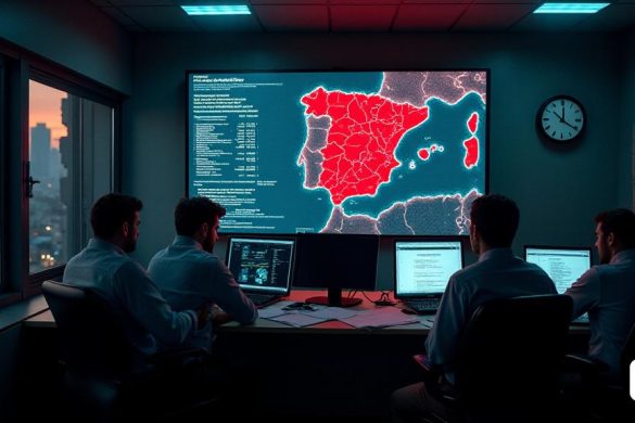 Una escena dramática se desarrolla en una sala de control con poca luz, donde un grupo de operadores tensos, vestidos con 'uniformes formales', se reúnen alrededor de una gran pantalla digital. La pantalla parpadea con 'alertas rojas' y 'señales de advertencia', lo que indica una falla catastrófica en la red eléctrica. Las caras de los operadores están iluminadas por el brillo de la pantalla, revelando expresiones de preocupación y urgencia. En el fondo, un mapa grande de España está fijado a la pared, con áreas que indican 'marcadores rojos' que indican las áreas afectadas por el apagón. Los documentos están esparcidos por los escritorios, algunos con notas garabateadas sobre 'fluctuaciones de energía renovable' y 'vulnerabilidades del sistema'. Un reloj en la pared muestra la hora como '12: 32 pm ', en el momento en que comenzó el apagón. Fuera de la sala de control, a través de una gran ventana, la ciudad está envuelta en la oscuridad, con solo unas pocas 'farolas' parpadeando esporádicamente. La atmósfera
