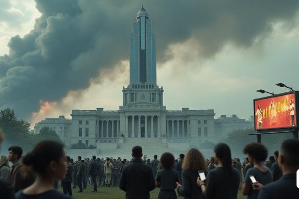Una escena estimulante que representa la "concentración del poder político y económico" en un entorno urbano moderno. En primer plano, un gran e imponente "edificio del gobierno" simboliza la autoridad política, mientras que un elegante y futurista "rascacielos" corporativo "se avecina cerca, lo que representa la influencia económica. El cielo está nublado, insinuando la naturaleza 'corrosiva' de esta alianza, con nubes oscuras girando siniestramente por encima. En el punto medio, un grupo diverso de 'ciudadanos' se encuentra en un parque, sus expresiones una mezcla de preocupación y contemplación mientras participan en una acalorada discusión sobre 'asuntos públicos'. Algunos contienen teléfonos inteligentes que muestran alimentos en las redes sociales, que ilustran el impacto de 'Instagram' y 'Facebook' en el discurso público. En el fondo, una cartelera muestra un mensaje político controvertido, enfatizando el tema de la 'plutocracia'. La escena captura la tensión entre la 'libertad de expresión' y los peli