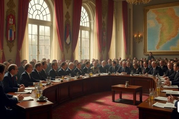 Una escena histórica que representa la 'Conferència d'Algesires' en 1906, ambientada en una gran sala de conferencias llena de delegados de varias naciones, incluidos representantes de 'Espanya', 'França' y 'Alemanya'. La habitación está adornada con decoraciones opulentas, con ventanas altas y arqueadas que permiten corrientes de luz natural, iluminando las mesas de madera pulida donde los delegados se sientan, profundamente en la discusión. La atmósfera es tensa pero esperanzadora, ya que los diplomáticos en atuendos formales, incluidos los chapos traseros y los mejores sombreros, se involucran en conversaciones animadas, algunos gestamente apasionados. En el fondo, un gran mapa de 'Maroc' cuelga en la pared, que detalla las regiones de interés por la colonización, mientras que las banderas de los países participantes se muestran de manera prominente. Las expresiones de los delegados van desde la preocupación hasta la determinación, lo que refleja el peso de las negociaciones sobre las relaciones internacio