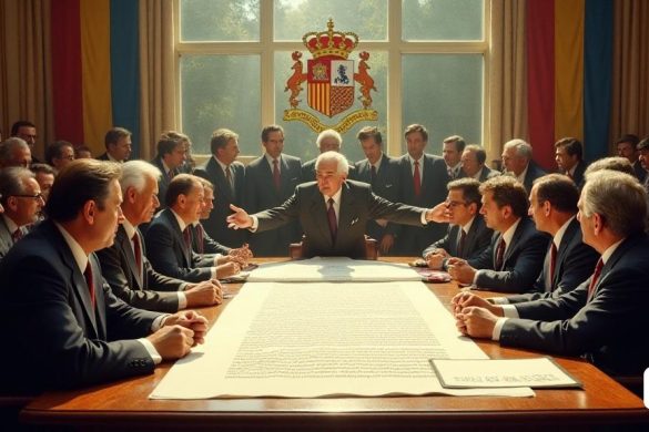 Una escena histórica que representa la primera reunión del 'Consell del País Valencià' en 1978. La sala está llena de un grupo diverso de 'políticos', todos vestidos con atuendo formal, lo que refleja la moda de finales de los años setenta. Las paredes están adornadas con 'banderas' que representan la identidad 'valenciana', y un gran emblema de la 'comunidad valenciana' se muestra prominentemente en el frente. La atmósfera está acusada de anticipación y esperanza, ya que los líderes se reúnen alrededor de una larga mesa de madera, cubiertas de documentos y mapas que describen el futuro de 'Autogovern "para la región. En primer plano, 'Josep lluís albinyana', el presidente, es visto apasionadamente dirigirse a la asamblea, haciendo un gesto hacia una gran 'proyección' de la 'Estatut' que tienen como objetivo establecer. Las expresiones en las caras de los asistentes van desde la determinación hasta el optimismo, simbolizando la importancia histórica de este momento. La luz solar se transmite a través de grand