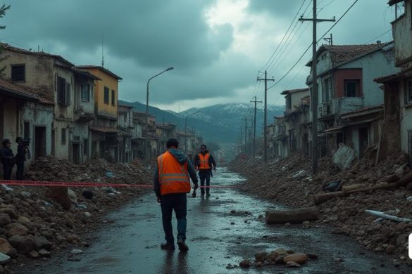 Una escena inquietante que representa las consecuencias de la devastadora tormenta de Dana en el Valencià País. El primer plano muestra un vecindario que alguna vez fue reducido ahora a escombros, con 'edificios colapsados' y 'calles inundadas' llenas de escombros. En el fondo, se avecina un 'cielo oscuro', pesado con nubes siniestras, lanzando una sombra sobre la destrucción. Los respondedores de emergencia en 'chalecos de color naranja brillante' se ven navegando a través de los restos, sus expresiones son una mezcla de determinación y desesperación mientras buscan sobrevivientes. Cerca, un grupo de 'residentes desplazados' se acurruca juntos, sus caras grabadas con dolor e incredulidad, agarrando las pocas pertenencias que pueden rescatar. La escena está marcada por la 'cinta policial' que marca las áreas peligrosas, mientras que un 'equipo de noticias' captura el drama que se desarrolla, sus cámaras se centraron en la tragedia humana. En la distancia, es visible una "infraestructura desmoronada", un marca