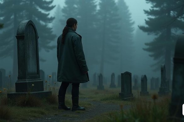 Una escena inquietantemente hermosa de 'cementerio' se desarrolla, donde 'Abby', retratada por 'Kaitlyn Dever', se encuentra solemnemente ante una 'lápida' desgastada, su expresión una mezcla de 'dolor' y 'determinación'. El aire está lleno de una atmósfera 'siniestra' mientras 'promete' eterna 'venganza', su ceja frunció en resolución. La rodeando, las 'tumbas' están adornadas con flores marchitas, restos de 'luto' pasado. En el fondo, un paisaje 'en ruinas' sugiere los restos de un mundo perdido hace mucho tiempo, con malezas 'cubiertas' y estructuras 'desmoronadas' que se asoman a través de la niebla. Al hacer una transición a 'Jackson, Wyoming', vemos 'Joel', interpretado por 'Pedro Pascal', involucrado en una acalorada discusión con 'María', retratada por 'Rutina Wesley'. La tensión es palpable mientras debate la "moralidad" de proteger a más "sobrevivientes", con las características robustas de "Joel" que reflejan el peso de sus decisiones pasadas. El 'campamento' está lleno de 'refugiados', sus caras t
