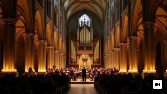 Una escena nocturna serena en la 'Basílica de la Puríssima Concepció' en Barcelona, ​​iluminada suavemente por parpadeando 'velas naturales'. La gran estructura, construida en el 'siglo XV', se encuentra majestuosamente con su intrincada 'arquitectura gótica' y 'elementos barrocos', creando un telón de fondo impresionante para un próximo concierto. En el interior, el aire está lleno de un ambiente etéreo mientras la 'orquesta' se prepara, con 'instrumentos originales' como un 'clavicordio del siglo XVIII' que brilla bajo la cálida luz de las velas. La audiencia, una combinación de 'creyentes devotos' y 'entusiastas de la música', se reúne con anticipación, sus caras reflejan una mezcla de 'serenidad' y 'emoción'. La atmósfera es gruesa con un sentido casi palpable de 'espiritualidad', ya que el 'Stabat Mater' por Pergolesi resuena en el aire, evocando profundas emociones de 'dolor' y 'esperanza'. Las cualidades 'acústicas' de la basílica mejoran la música, haciendo que cada nota permanezca, mientras que la au