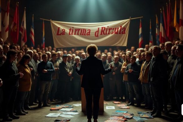 Una escena poderosa y estimulante que representa un rally político sombrío en un auditorio con poca luz. La atmósfera está acusada de tensión como una multitud diversa de ciudadanos preocupados, incluidos jóvenes activistas e individuos mayores, se reúnen para escuchar un orador apasionado en el podio. La oradora, una mujer de mediana edad con ojos intensos y una expresión determinada, gestica enfáticamente, su voz resonaba contra el telón de fondo de una gran pancarta que dice 'La Tirania d'Úrsula' en letras rojas audaces. El público es una mezcla de emociones; Algunos asienten de acuerdo, mientras que otros parecen escépticos, sus caras iluminadas por el brillo suave de sus teléfonos inteligentes mientras capturan el momento. En el fondo, las banderas de varias naciones europeas cuelgan sin fuerzas, simbolizando el peso del discurso político. La iluminación arroja sombras dramáticas, enfatizando la seriedad del tema en cuestión. En el piso, los folletos y los volantes se dispersan, algunos leen 'defienden n