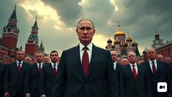 Una escena poderosa y evocadora que representa la esencia del 'putinismo' en un gran telón de fondo del Kremlin. El primer plano presenta un 'Vladimir Putin' de aspecto severo, vestido con un traje a medida, exudando un aire de autoridad y control. Su expresión es resuelta, simbolizando la naturaleza "autocrática" de su régimen. Al rodearlo hay 'oligarcas' en trajes afilados, involucrados en conversaciones silenciosas, que representan la 'connivencia' entre el poder y la riqueza. En el fondo, la 'Iglesia ortodoxa rusa' se mantiene alta, sus cúpulas doradas brillan a la luz del sol, lo que significa el respaldo 'religioso' del gobierno de Putin. El cielo es una mezcla dramática de nubes oscuras y rayos de luz solar que se rompen, simbolizando la 'tensión' entre el pasado y el futuro de Rusia. Se puede ver un sutil indicio de motivos 'imperiales' en la arquitectura, haciéndose eco de los sueños 'nacionalistas' de una era pasada. La atmósfera general se encarga de un sentido de 'poder', 'control' y la compleja i