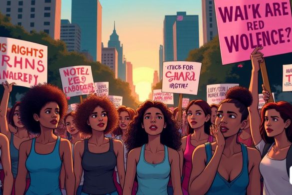 Una escena poderosa y evocadora que representa una protesta vibrante contra la violencia hacia las personas trans, particularmente las mujeres trans. En primer plano, un grupo diverso de activistas posee pancartas y signos coloridos adornados con mensajes de solidaridad y justicia. Las pancartas están estampadas con frases como 'los derechos trans son derechos humanos' y 'justicia para Sara Millerey', con fuentes audaces y llamativas que captan la atención. Los activistas, que representan varias etnias y edades, muestran una variedad de emociones desde la determinación hasta el dolor, sus expresiones que reflejan la urgencia de su causa. El fondo presenta un paisaje urbano, con edificios altos que se ciernen, simbolizando las estructuras sociales que perpetúan la discriminación. El cielo está pintado en tonos de naranja y rosa, lo que sugiere una puesta de sol, que sirve como una metáfora de la esperanza y el cambio en el horizonte. Expertos en toda la escena hay símbolos de unidad, como banderas y flores del