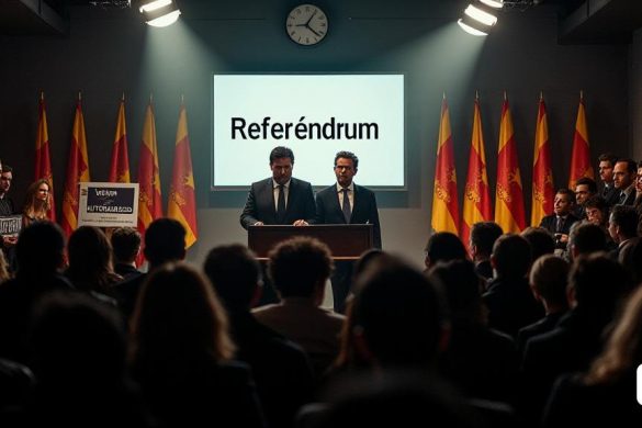 Una escena política tensa se desarrolla en una habitación con poca luz llena de 'carteles políticos' y 'banderas' que representan el movimiento de independencia de Cataluña. En primer plano, dos figuras prominentes, 'Oriol Junqueras' y 'Carles Puigdemont', se paran en un podio, sus expresiones una mezcla de determinación y preocupación. Detrás de ellos, una pantalla grande muestra las palabras 'referèndum' en letras en negrita, simbolizando el debate en curso sobre el referéndum de independencia. La audiencia, un grupo diverso de 'seguidores' y 'críticos', observa con atención, algunos que tienen carteles que leen 'Votarem' y 'Autodeterminació'. La atmósfera se encarga de un sentido de urgencia, ya que los líderes intentan reunirse en medio del creciente descontento. Las sombras emitidas por las luces aéreas crean un efecto dramático, enfatizando la gravedad de la situación. En el fondo, un reloj funciona siniestramente, simbolizando la presión sobre los líderes para entregar resultados y recuperar la confian