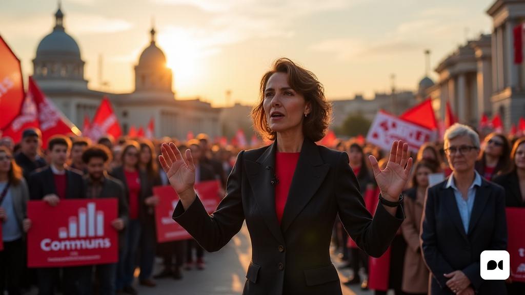 Una escena política vibrante se desarrolla en el corazón de Barcelona, ​​donde 'Ada Colau', el ex alcalde, se encuentra en una metafórica 'encrucijada' rodeada de un grupo diverso de partidarios y miembros del partido de 'Comuns'. El telón de fondo presenta el icónico 'horizonte de Barcelona', con su combinación de arquitectura moderna e histórica, simbolizando la rica historia política de la ciudad. Colau, vestida con un atuendo inteligente pero accesible, exuda una sensación de determinación y energía mientras gesto apasionadamente mientras se dirige a la multitud. Su expresión refleja una mezcla de esperanza y resolución, que encarna el 'nuevo capítulo' que pretende iniciar para su partido. La atmósfera está acusada de anticipación, ya que pancartas y pancartas que llevan el logotipo de 'Comuns' revolotean en la suave brisa, mientras que una mezcla de jóvenes activistas y políticos experimentados escuchan atentamente. En la distancia, el edificio del 'Parlamento' se avecina, que representan los desafíos po