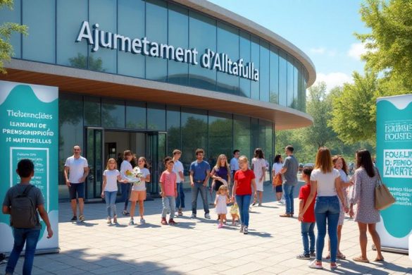 Una escena profesional e informativa que representa el edificio 'Ajuntament d’Altafulla', una estructura municipal moderna con grandes ventanas de vidrio que refleja el cielo azul. En primer plano, se reúnen un grupo diverso de familias, incluidos padres e hijos, algunos que tienen folletos informativos sobre los 'Municipales de Bressol de Escoles'. La atmósfera es acogedora y atractiva, con pancartas que muestran las fechas de 'Jornades de Portes Obertes' destacada. Cerca, una pantalla digital muestra el 'Calendari de preinscripció I Matrícula', que enumera fechas importantes en letras en negrita. El fondo presenta un área del parque bien mantenida, que simboliza el compromiso de la comunidad con la educación y el bienestar familiar. La escena transmite una sensación de emoción y anticipación para el próximo año escolar, con niños jugando y padres discutiendo las oportunidades educativas disponibles en 'Hort de Pau' y 'Francesc Blanch'.