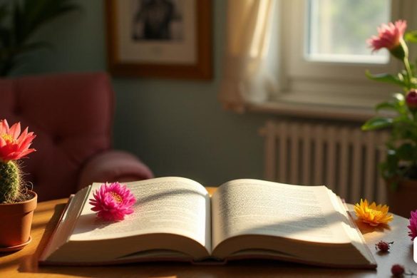 Una escena serena e íntima se desarrolla en una habitación acogedora y suavemente iluminada, donde se entrelaza la esencia de 'Matnitat' y 'Poesia'. En el centro, una mesa de madera está adornada con un libro abierto, sus páginas llenas de versos delicados y escritos a mano que reflejan la 'Experència' de la maternidad. Alrededor del libro hay 'flores de cactus' vibrantes y florecientes, sus colores que van desde magenta profunda hasta amarillo brillante, simbolizando la 'ambivalència' de los sentimientos maternos. Un pequeño cactus en maceta se encuentra cerca, su cuerpo robusto y verde contrasta con los agudos 'punx' que evocan los desafíos de la maternidad. La luz se filtra a través de una ventana cercana, lanzando sombras suaves que bailan a través de la habitación, insinuando el 'cosmos' más allá. En las paredes, las fotografías enmarcadas de diversas mujeres de diferentes generaciones encapsulan sus "històries" únicas, que resonan con los temas de 'Sororitat' y experiencias compartidas. Un lujoso sillón