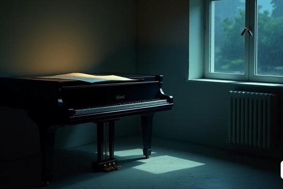 Una escena serena e introspectiva se desarrolla en una habitación con poca luz, donde un piano de cola toma el centro del escenario. El piano, pulido a un brillo reflectante, se encuentra en un contexto de colores suaves y apagados que evocan una sensación de 'soledad'. Un solo foco ilumina el instrumento, lanzando sombras suaves que bailan por el piso, mejorando la 'intimidad' del espacio. En el piano, la partitura está dispersa, insinuando que los 'soliloquios' están compuestos, con notas que parecen susurrar secretos de 'aislamiento' y 'autodescubrimiento'. En la esquina, una ventana revela una noche 'tormentosa' afuera, con una lluvia tocando suavemente contra el vidrio, simbolizando la naturaleza 'conflictiva' de la soledad. La atmósfera está llena de emoción, como si la habitación en sí estuviera conteniendo la respiración, esperando que las 'melodías' de Clara Peya llenen el aire. La composición general de la imagen captura la esencia de 'reflexión', 'meditación' y el profundo viaje hacia las profundid