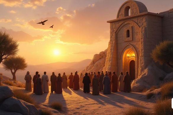 Una escena serena y evocadora que representa la 'Tierra Santa', bañada en el cálido brillo de un sol poniente. En primer plano, un grupo de diversos 'peregrinos' se unen, sus caras reflejan una mezcla de esperanza y solemnidad. Están vestidos con ropa simple, algunos sosteniendo pequeñas 'cruces' o 'rosarios', simbolizando su fe. Detrás de ellos, los antiguos muros de piedra de una 'iglesia' se elevan majestuosamente, adornadas con intrincadas tallas y 'velas' suaves e parpadeantes que iluminan la entrada. El paisaje está salpicado de olivos, sus troncos retorcidos que representan la resiliencia, y las colinas distantes están pintadas en tonos de oro y púrpura, lo que sugiere la promesa de 'esperanza'. En el cielo, algunas nubes tenues captan la última luz del día, mientras que las aves se elevan por encima, encarnando la libertad y la paz. La atmósfera general es de reverencia y comunidad, invitando a los espectadores a reflexionar sobre el mensaje de la unidad y el apoyo a la 'comunidad cristiana' en Tierra