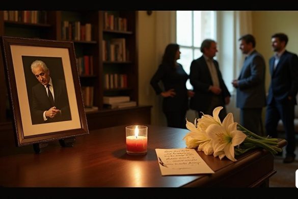 Una escena solemne se desarrolla en una habitación suavemente iluminada, donde una mesa de madera está adornada con un ramo de 'lirios blancos' y 'rosas', simbolizando la pureza y el recuerdo. En el fondo, una gran fotografía enmarcada de 'Mario Vargas Llosa' se sienta prominentemente, capturándolo en un momento de pensamiento profundo, rodeada de libros que reflejan su legado literario. Las paredes están pintadas en tonos cálidos y apagados, creando una atmósfera de intimidad y reflexión. Una 'vela' parpadeante lanza un brillo suave, iluminando los bordes de la fotografía y las flores, mientras que una nota escrita a mano descansa junto al ramo, expresando más sinceras condolencias. Fuera de la ventana, la luz suave del amanecer se rompe, insinuando un nuevo día, pero el estado de ánimo dentro de la habitación sigue siendo contemplativo y respetuoso. La escena es tranquila, llena de un aire de reverencia, ya que los miembros de la familia se reúnen en el fondo, sus expresiones una mezcla de tristeza y gratit