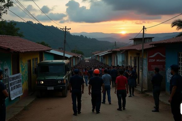 Una escena sombría se desarrolla en la pequeña comunidad de Santa Marta, El Salvador, bajo la tenue luz del amanecer el 11 de enero de 2023. El aire está lleno de tensión ya que cinco líderes ambientales, Antonio Pacheco, Saúl Rivas, Alejandro Laínez, Pedro Riva, y Miguel Gámez, fueron llevados por la policía armada, sus expresiones de Defiance y Mez Con preocupación. El telón de fondo presenta casas modestas con coloridos murales que abogan por la "justicia ambiental" y los "derechos de la comunidad", contrastando de manera claramente la presencia siniestra de vehículos militares estacionados cerca. En primer plano, un grupo de miembros de la comunidad, una mezcla de hombres y mujeres, se reúne en un círculo apretado, se enfrenta grabados con preocupación y determinación, sosteniendo pancartas que leen 'detener la minería' y la 'libertad para nuestros líderes'. El cielo de arriba está pintado en tonos de gris y naranja, reflejando el sol creciente, simbolizando la esperanza en medio de la adversidad. La atmó