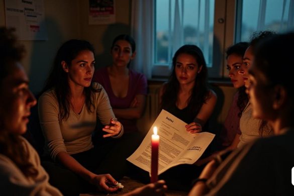 Una escena sombría se desarrolla en una habitación con poca luz, donde un grupo de mujeres se sientan juntas en un círculo, sus expresiones son una mezcla de preocupación y determinación. Las paredes están adornadas con carteles que abogan por el "consentimiento" y los "derechos de las mujeres", mientras que una vela parpadeante en el centro arroja sombras suaves, simbolizando la esperanza en medio de la oscuridad. Cada mujer tiene un pedazo de papel con estadísticas sobre las tasas de 'agresión sexual' en Catalunya, sus ojos reflejan el peso de las estadísticas. Una mujer, con cabello largo y oscuro y una mirada seria, está hablando apasionadamente, sus manos gesticen enfáticamente mientras se dirige al grupo. Cerca, otra mujer, con cabello corto y rizado, escucha atentamente, agarrando un pañuelo, sus emociones se agitaron visiblemente. La atmósfera se encarga de un sentido de urgencia, ya que discuten las implicaciones de un fallo reciente de la corte, destacando los peligros que enfrentan las mujeres en l