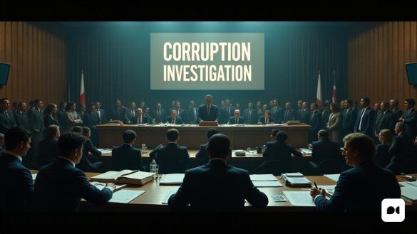 Una escena tensa y dramática se desarrolla en una moderna 'sala del tribunal', donde un 'juez' se sienta en el frente, rodeado de pilas de 'documentos legales' y archivos de 'evidencia'. La atmósfera está llena de anticipación, ya que los 'abogados' que representan a varias partes participan en discusiones acaloradas. En el fondo, una gran 'pantalla' muestra las palabras 'investigación de corrupción' en letras en negrita, lanzando una sombra sobre los procedimientos. La 'Galería Pública' está llena de 'periodistas' que toman notas y 'ciudadanos' susurrando entre ellos, sus expresiones una mezcla de preocupación y curiosidad. La 'iluminación' es tenue, con un solo foco iluminando al juez, enfatizando la gravedad de la situación. En la mesa frente al juez, un 'mazo' descansa, simbolizando la autoridad y el peso de la justicia. Las paredes están adornadas con 'símbolos legales' y 'banderas', que representan la gravedad del caso en cuestión, mientras que un reloj marca omino en segundo plano, recordando a todos l