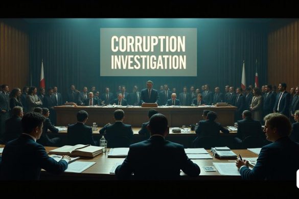 Una escena tensa y dramática se desarrolla en una moderna 'sala del tribunal', donde un 'juez' se sienta en el frente, rodeado de pilas de 'documentos legales' y archivos de 'evidencia'. La atmósfera está llena de anticipación, ya que los 'abogados' que representan a varias partes participan en discusiones acaloradas. En el fondo, una gran 'pantalla' muestra las palabras 'investigación de corrupción' en letras en negrita, lanzando una sombra sobre los procedimientos. La 'Galería Pública' está llena de 'periodistas' que toman notas y 'ciudadanos' susurrando entre ellos, sus expresiones una mezcla de preocupación y curiosidad. La 'iluminación' es tenue, con un solo foco iluminando al juez, enfatizando la gravedad de la situación. En la mesa frente al juez, un 'mazo' descansa, simbolizando la autoridad y el peso de la justicia. Las paredes están adornadas con 'símbolos legales' y 'banderas', que representan la gravedad del caso en cuestión, mientras que un reloj marca omino en segundo plano, recordando a todos l