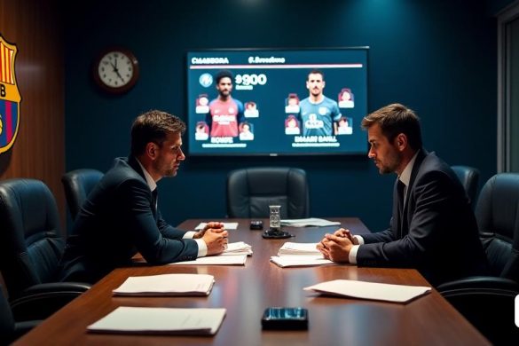 Una escena tensa y dramática se desarrolla en una sala de juntas de un club de fútbol moderno, donde 'Joan Laporta', el presidente del club, y 'Deco', el director deportivo, se dedican a una discusión seria. La habitación está adornada con los recuerdos 'FC Barcelona', incluida la icónica cresta 'Culés' que se muestra prominentemente en la pared. Una gran mesa de madera está abarrotada de documentos y perfiles de jugadores, destacando la urgencia de sus decisiones con respecto a 'Héctor Fort', un lateral derecho de 18 años. En el fondo, una pantalla digital muestra estadísticas de 'Koundé', el reproductor de primera opción establecido, con un número evidente de '3,700 minutos' esta temporada, contrastando bruscamente con los simples '400 minutos' de Fort. La atmósfera se encarga de anticipación mientras contemplan los refuerzos potenciales para la posición de retroceso derecho, con imágenes de 'Vanderson', 'Andrei Ratiu', 'Marc Pubill' y 'Daniel Muñoz' que se muestran en la pantalla, cada uno representando un