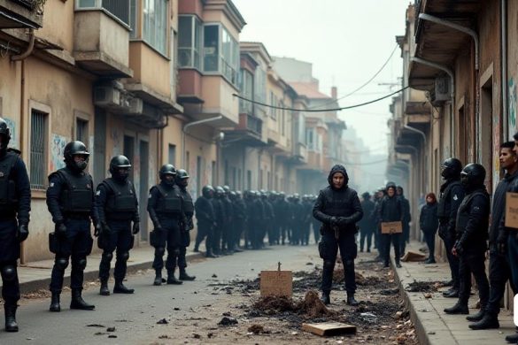 Una escena urbana caótica en Mataró, capturando las secuelas de una confrontación violenta entre la policía local y un grupo de 'Okupes' (ocupantes ilegales). En primer plano, un grupo de 'activistas' que usan máscaras y sosteniendo letreros improvisados ​​protestan contra la presencia policial, sus expresiones una mezcla de ira y desafío. Las calles están llenas de escombros, incluidos restos quemados de 'barricadas' y vidrios destrozados, ilustrando los disturbios recientes. En el fondo, los oficiales de policía en 'Gear Riot Gear' forman una línea, sus caras severas y enfocadas, ya que mantienen el orden en medio del caos. La atmósfera es tensa, con una fuerte presencia policial, que incluye 'patrullas motorizadas' y 'anti-riot', creando una sensación de inquietud entre los espectadores. Cerca, un pequeño grupo de relojes de 'vecinos' preocupados desde la distancia, sus caras reflejan miedo e incertidumbre sobre su seguridad. Los edificios a su alrededor muestran signos de desgaste, con graffiti y carteles