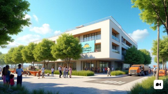 Una escena urbana vibrante que representa el 'Ajuntament de Sitges', un edificio municipal moderno con elegante arquitectura, rodeado de exuberantes vegetaciones y calles bulliciosas. En primer plano, un grupo diverso de personas, incluidas 'familias jóvenes', 'estudiantes' e 'individuos mayores', participan en discusiones sobre la vivienda, simbolizando la participación de la comunidad. El fondo presenta una gran pancarta que lee 'PLA 50,000 hábitatges', enfatizando la iniciativa de viviendas asequibles. Cerca, se ve a los trabajadores de la construcción preparando un sitio, con maquinaria y materiales de construcción, lo que indica el comienzo de nuevos proyectos. La atmósfera es esperanzadora y dinámica, lo que refleja el compromiso con la 'sostenibilidad' y la 'vivienda social'. El cielo es azul claro, sugiriendo un futuro brillante para la comunidad mientras trabajan juntos para abordar la 'crisis de vivienda' en Sitges.