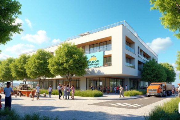 Una escena urbana vibrante que representa el 'Ajuntament de Sitges', un edificio municipal moderno con elegante arquitectura, rodeado de exuberantes vegetaciones y calles bulliciosas. En primer plano, un grupo diverso de personas, incluidas 'familias jóvenes', 'estudiantes' e 'individuos mayores', participan en discusiones sobre la vivienda, simbolizando la participación de la comunidad. El fondo presenta una gran pancarta que lee 'PLA 50,000 hábitatges', enfatizando la iniciativa de viviendas asequibles. Cerca, se ve a los trabajadores de la construcción preparando un sitio, con maquinaria y materiales de construcción, lo que indica el comienzo de nuevos proyectos. La atmósfera es esperanzadora y dinámica, lo que refleja el compromiso con la 'sostenibilidad' y la 'vivienda social'. El cielo es azul claro, sugiriendo un futuro brillante para la comunidad mientras trabajan juntos para abordar la 'crisis de vivienda' en Sitges.