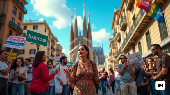 Una escena vibrante captura la esencia de un ambiente urbano bullicioso en Barcelona, ​​donde el telón de fondo presenta una sorprendente combinación de arquitectura moderna e histórica, con la icónica Sagrada Familia que se asoman por el horizonte. El primer plano está vivo con actividad, ya que diversos grupos de personas participan en discusiones animadas, con señales de protesta que decían 'Regulació del Lloguer' y 'Hábitatge és un Dret'. Una mujer joven, vestida con un atuendo colorido, gestica apasionadamente mientras habla con una pequeña multitud, su expresión refleja la determinación y la esperanza. Cerca, un hombre mayor se sienta en un banco, observando la escena con una mirada reflexiva, un periódico agarrado en sus manos mostrando titulares sobre las regulaciones de vivienda. La atmósfera se encarga de una mezcla de urgencia y solidaridad, ya que los coloridos pancartas revolotean en la brisa, adornados con símbolos de varios partidos políticos involucrados en el debate de la vivienda. El cielo d