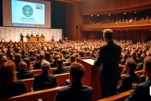 Una escena vibrante en el '6to Foro Global sobre Desarrollo Económico Local' celebrado en 'Sevilla', que muestra un gran auditorio lleno de asistentes comprometidos. El escenario está adornado con un telón de fondo que presenta el logotipo del foro, con pancartas que muestran las palabras 'Cooperació' y 'Solidaritat'. En primer plano, 'Jordi Cuadras', el presidente de 'Confederació Espanyola de Fons de Cooperació I Solidaritat (Confocos)', se encuentra con confianza en un podio, dirigiéndose a la audiencia apasionadamente. Está vestido con un traje formal, exudando profesionalismo y autoridad. La audiencia, un grupo diverso de individuos de diversos orígenes, escucha con atención, algunos tomando notas, mientras que otros asienten de acuerdo. La atmósfera se encarga de un sentido de urgencia y propósito, ya que Cuadras enfatiza la importancia de las 'políticas de cooperación' para combatir el 'discurso de odio', lograr la 'justicia global' y abordar los impactos del 'cambio climático', 'guerras' y 'migracione