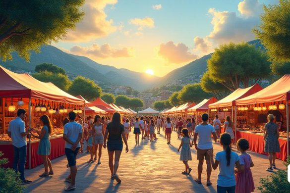 Una escena vibrante en el festival 'Viart' en 'Sant Llorenç d’hortons', que muestra una atmósfera animada llena de 'vinos', 'cuevas', 'manualidades artesanales' y 'música'. El festival está lleno de visitantes que exploran puestos coloridos adornados con 'productos artesanales' y 'delicias locales'. En primer plano, un grupo guiado dirigido por el 'geólogo Carles Martín' está involucrado en una 'caminata geológica', rodeado de exuberante vegetación y puntos de referencia históricos. Las 'autoridades municipales' se ven inaugurando la feria, cortando una cinta mientras los entusiastas asistentes se reúnen. Cerca, los niños participan en el taller de 'Marca’t Un Ex-Libris, sus caras iluminadas con creatividad mientras imprimen sus propios diseños. Se está llevando a cabo una actuación de 'Castell', con 'Vailets de Gelida', 'Xiquets de Torredembarra' y 'Castellers de Tortosa' formando impresionantes torres humanas, dibujando jadeos y vítores de la multitud. El aire está lleno de los sonidos de la 'música en vivo