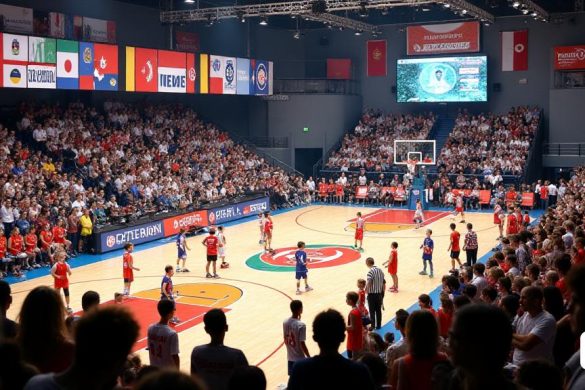 Una escena vibrante en el 'Palau Municipal D’sports de Cambrils' bulliciosa con 'más de 800 jugadores' de los equipos '71 'que participan en la' 20ª edición 'de la' Torneig Internacional de Cambrils '. La atmósfera es eléctrica, llena de los sonidos de 'Basketballs rebotando' y 'vítores de espectadores entusiastas'. El lugar está adornado con pancartas coloridas que representan a varios países, incluidos 'Turquía', 'Irlanda', 'Bélgica' y 'Alemania', que muestran el espíritu internacional del torneo. Los jóvenes atletas, de edades de '10 a 14 ', son vistos usando sus camisetas de su equipo, mostrando una mezcla de' banderas nacionales 'y' logotipos de equipo '. Los entrenadores y funcionarios, incluido 'Oliver Klein', el 'alcalde de Cambrils' y 'Gemma Balanyà', el 'Consejero Deportivo', se dedican a las discusiones, destacando la importancia de este evento en la comunidad local. El telón de fondo presenta una cancha de baloncesto bien mantenida, con 'Spectator Stands' llena de familias que disfrutan de los jue