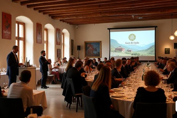 Una escena vibrante en la 'Molí de L’Oli de la Pobla de Segur', donde se está llevando a cabo la presentación nacional de 'Gust de Lleida'. El lugar está adornado con vigas rústicas de madera y grandes ventanas que permiten la luz natural, creando una atmósfera cálida y acogedora. En primer plano, 'Joan Talarn', el presidente del Diputació de Lleida, se encuentra con confianza en un podio, flanqueado por 'Marc Baró', el alcalde de Pobla de Segur, se dedicó a una apasionada discusión sobre la nueva marca agro-feod. La audiencia, que consta de más de cien 'productores', 'restauradores' y 'profesionales', está sentado en mesas elegantemente arregladas, escuchando atentamente. Los destacados 'chefs con estrellas Michelin' son visibles entre los asistentes, agregando un toque de prestigio culinario al evento. Las pancartas con el logotipo de 'Gust de Lleida' se muestran prominentemente, simbolizando el objetivo de la iniciativa de promover productos agro de alta calidad de la región de Lleida, el 'Pirineu' y 'Aran