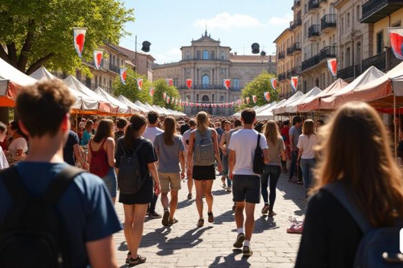 Una escena vibrante en La Mostra Igualada, llena de 'juventud' de 'Cataluña'. La atmósfera está llena de 'emoción' a medida que se reúnen los '70 individuos jóvenes ', con' 17 'de ellos siendo' anoiencs 'y' anoienques 'locales del' Grup Mostra Jove '. El escenario es un animado 'recinto ferial', adornado con pancartas coloridas e instalaciones artísticas que reflejan las 'artes escénicas'. En primer plano, un grupo de jóvenes entusiastas se involucra en un 'rendimiento interactivo' titulado 'Odissees', que muestra su exploración de 'identidad personal e intergeneracional' a través de 'tecnología'. Cerca, se ve a un participante del grupo que contribuye al 'Museu del Temps', un 'proyecto de arte participativo' que invita a los visitantes a reflexionar sobre 'recuerdos' y el 'paso del tiempo'. El telón de fondo presenta una etapa en la que realiza 'Don Roberto', presentando una deconstrucción contemporánea de 'Don Juan' con una fusión de 'Hip-Hop' y 'Teatro físico'. La audiencia está cautivada por 'Navaja', que