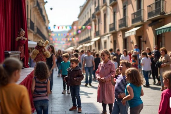 Una escena vibrante en la 'Mostra Igualada', que muestra el 'Fira d’spectacles infantils i Juvenils'. La imagen captura una calle bulliciosa en 'Igualada', llena de familias y niños, todo involucrado en las festividades de la '36ª edición' del festival. Las pancartas y decoraciones coloridas adornan los alrededores, reflejando el espíritu de 'diversidad' y 'creatividad'. En primer plano, un grupo de niños, sus rostros encendidos con emoción, se recogen alrededor de un 'espectáculo de títeres', con los ojos muy abiertos de asombro mientras ven al 'titiritero' manipular hábilmente a los personajes. Cerca, se establece una 'etapa de teatro', donde los artistas vibrantes están ensayando para un próximo espectáculo, que encarna la esencia de 'artes teatrales'. El ambiente es animado, lleno de risas y los sonidos de la música, ya que varias 'actuaciones artísticas' tienen lugar simultáneamente. En el fondo, los padres conversan, algunos toman fotos, mientras que otros disfrutan de 'puestos de comida' que ofrecen de