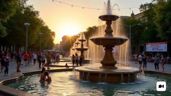 Una escena vibrante en la 'Plaça de Catalunya' de Barcelona, ​​que muestra los 'Fonts Bessones' rodeados de exuberante vegetación. El sol se pone en el fondo, arrojando un cálido brillo dorado en el agua mientras cae en cascada con gracia desde las fuentes adornadas. Los intrincados detalles de las fuentes se destacan, con diseños 'barroco' y azulejos 'cerámicos' brillantes en la luz. Las personas de varias edades se reúnen, algunas toman fotos mientras que otras admiran la belleza del agua que fluye. En primer plano, un grupo de niños salpican alegremente en la piscina poco profunda en la base de las fuentes, su risa resonaba en la plaza. Cerca, una pancarta se cuelga, leyendo 'Barcelona Recuera la Normalitat. Sortim de la secera ', enfatizando el regreso de la ciudad a la vida después de la sequía. Los técnicos se pueden ver en el fondo, inspeccionando diligentemente las fuentes, asegurando que estén listas para el público. El ambiente está lleno de una sensación de renovación y esperanza a medida que la ci