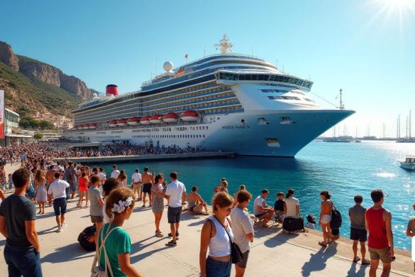 Una escena vibrante en Port Tarragona en una soleada tarde de abril, mostrando la gran llegada del crucero 'La Belle Des Océans'. El barco, que mide '103 metros' de longitud y adornado con líneas elegantes, se acopla en el 'Moll de Balears', con su nombre prominentemente mostrado en el costado. Alrededor del barco, se puede ver una bulliciosa multitud de los '98 pasajeros de crucero 'y los '66 miembros de la tripulación' desembarcando, algunos que toman ansiosamente fotos del pintoresco puerto. El telón de fondo presenta la impresionante 'Costa Daurada', con sus playas de arena dorada y el mar Mediterráneo que brilla bajo la luz del sol. A lo lejos, se pueden ver otros barcos como ancla, insinuando las anticipadas llamadas de puerto '65 'programadas para la temporada. El edificio de la terminal está ocupado con la actividad, ya que el personal ayuda a los pasajeros con su equipaje y proporciona información sobre las atracciones locales. Las pancartas coloridas anuncian el comienzo de la 'temporada de cruceros