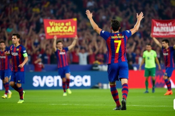 Una escena vibrante que captura la atmósfera eléctrica de un partido de fútbol en el estadio Metropolitano, donde el equipo del FC Barcelona acaba de triunfar sobre el Atlético de Madrid. El estadio está lleno de apasionados fanáticos, sus caras pintadas en los icónicos colores de 'Blaugrana', agitando banderas y bufandas en celebración. En primer plano, un jubilante ferran Torres, con la camiseta '7', se ve celebrando su objetivo decisivo, los brazos levantados en triunfo, con un telón de fondo de seguidores extáticos. La tensión del partido es palpable, con jugadores de ambos equipos que muestran expresiones intensas de determinación y enfoque. El tono es exuberante y verde, contrastante con los colores vibrantes de los fanáticos. En las gradas, un grupo de jóvenes seguidores sostiene una pancarta que dice 'Visca El Barça!', Mientras que otros capturan el momento en sus teléfonos inteligentes. La atmósfera es eléctrica, llena de una mezcla de alegría y alivio, ya que el equipo asegura su lugar en la final d