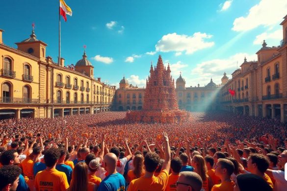 Una escena vibrante que captura la esencia de la temporada 'Castellera' del 23 de abril al 16 de noviembre de 2025. La imagen muestra una bulliciosa 'Plaça Vella' llena de espectadores entusiastas, sus rostros iluminados con emoción mientras se reúnen para presenciar las intrincadas formaciones de 'Castells'. En primer plano, un grupo de 'Castellers de Tierrassa' se ve hábilmente construyendo un imponente 'Castell', sus coloridas camisas que representan a su equipo. El telón de fondo presenta edificios históricos adornados con decoraciones festivas, mientras que las banderas revolotean en la suave brisa, simbolizando el espíritu de comunidad y tradición. El ambiente es eléctrico, con los sonidos de los vítores y la música resonando, a medida que las familias y los amigos se unen para celebrar este evento cultural único. El cielo es un azul brillante, que mejora los colores animados de la escena, lo que lo convierte en un día perfecto para 'Castells'.
