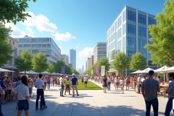 Una escena vibrante que captura la esencia del crecimiento económico en la región de Anoia a fines de 2024. El primer plano presenta una bulliciosa 'Plaza de la ciudad' llena de personas, mostrando a una multitud diversa de hombres y mujeres de varias edades involucradas en conversaciones y disfrutando de la atmósfera. En el fondo, un "distrito comercial" moderno con elegantes edificios de vidrio simboliza la estabilidad y el crecimiento del "tejido comercial" local, con signos de nuevas empresas orgullosamente exhibidas. Se ve un sitio de construcción, con trabajadores con cascos y chalecos de seguridad, lo que refleja el aumento significativo de las 'empresas de construcción' (+5.8%). Cerca, un grupo de jóvenes profesionales, que representan el grupo demográfico 'menos de 30', discuten animadamente las oportunidades de trabajo, destacando la disminución del 'desempleo' en su grupo de edad (-4.3%). El cielo es un azul claro, que sugiere optimismo y un futuro brillante, mientras que las pancartas que promueve