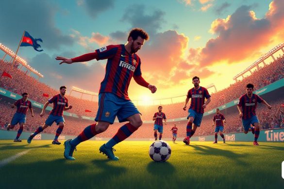 Una escena vibrante que representa a 'Lionel Messi' en acción en el campo, con la icónica jersey 'Inter Miami', mostrando sus habilidades excepcionales. El fondo presenta un estadio lleno con fanáticos entusiastas que agitan 'banderas' y usan 'colores de equipo', creando una atmósfera electrizante. Messi es capturado en medio de Drible, con defensores que intentan desafiarlo, destacando su agilidad y control de la pelota. El sol se pone en el fondo, lanzando un brillo cálido sobre el campo, enfatizando la 'intensidad' del partido. En las gradas, los fanáticos se ven apasionando, algunos sostienen señales que leen 'cabra' y 'Messi', simbolizando su estado como el "más grande de todos los tiempos". La imagen encapsula la emoción de 'Major League Soccer' (MLS) y el impacto innegable de Messi en el deporte.