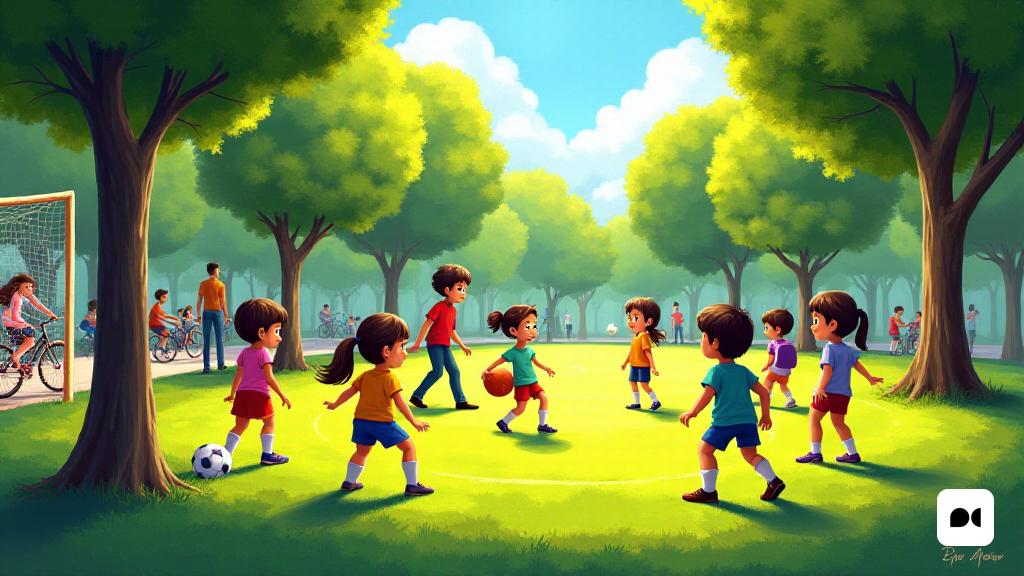 Una escena vibrante que representa a un grupo de 'escolares' involucrado en varias actividades de 'deportes' en un exuberante entorno de parques verdes, que recuerda a 'Parc Central' en Igualada. Los niños, vestidos con colorida 'ropa deportiva', se ven jugando 'fútbol' y 'baloncesto', mientras que otros practican técnicas de 'baile' y 'natación' cerca de una pequeña característica de agua. En el fondo, algunos niños están en bicicleta a lo largo de un camino, mostrando el 'Via Blava'. El ambiente es animado, lleno de risas y emoción, ya que un 'maestro' alienta a los estudiantes a explorar diferentes 'deportes' más allá de los tradicionales. Cerca, un grupo de padres y 'entrenadores' están discutiendo la importancia de la 'actividad física' para los 'adolescentes', enfatizando el papel de los 'clubes' y 'escuelas' locales en la promoción de un estilo de vida saludable. El sol brilla intensamente, lanzando un brillo cálido sobre la escena, destacando el compromiso de la comunidad de fomentar un amor por los '