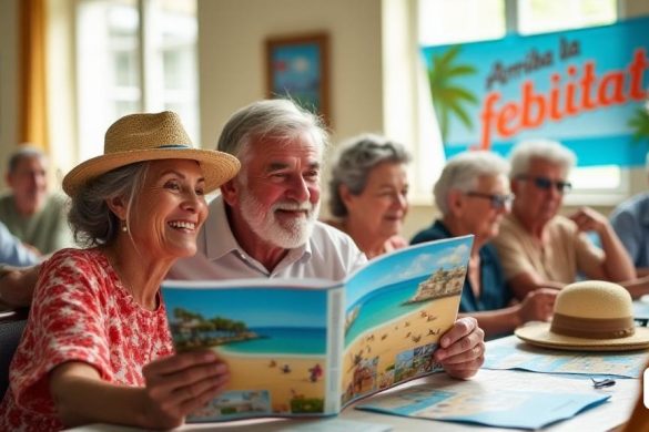 Una escena vibrante que representa a un grupo de 'pensionistas' preparándose alegremente para sus próximos 'viajes' con 'Imsersso'. En primer plano, una alegre pareja de ancianos, vestida con colorido atuendo de verano, está examinando un folleto de viajes con impresionantes 'destinos costeros'. La mujer, con el cabello plateado en un moño suelto, señala con entusiasmo una imagen de una playa soleada, mientras que el hombre, luce un sombrero de paja, le sonríe calurosamente. Detrás de ellos, un grupo diverso de 'personas mayores' de diversos orígenes se reúne alrededor de una mesa llena de elementos esenciales de viajes: sombreros de sol, gafas de sol y mapas. El escenario es un centro comunitario brillante y aireado decorado con carteles que promueven el 'Programa de Viajes Imserso'. En el fondo, un banner dice 'Arba la Felicitat!' En letras audaces y alegres, simbolizando la emoción y la anticipación para la nueva temporada de viajes. La luz solar se transmite a través de grandes ventanas, lanzando un cálid