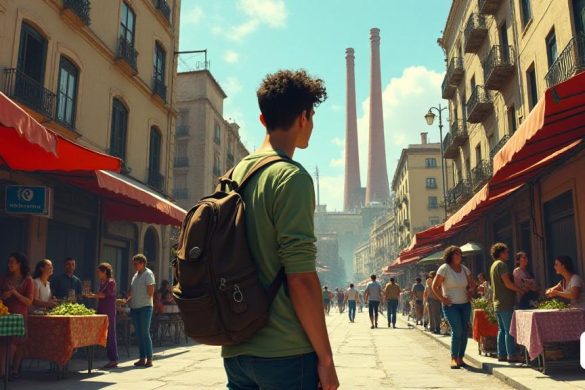 Una escena vibrante que representa a un joven, 'Ramón', de pie en la bulliciosa intersección de 'Poble-SEC' en Barcelona, ​​rodeada de una mezcla de modernidad y restos del pasado. El telón de fondo presenta las icónicas chimeneas de 'Tres Xemeneies', que se eleva contra un cielo 'arenoso', sus sombras lanzando las estrechas calles llenas de edificios 'grises'. La atmósfera está llena de un sentido de 'tensión' y 'represión', a medida que los lugareños se dedican a su vida cotidiana, sus expresiones que reflejan las luchas de una ciudad que aún se curan de las cicatrices de la guerra. En primer plano, 'Ramón', con un aire de determinación juvenil, mira los vivos puestos del mercado, donde los vendedores venden productos frescos y productos hechos a mano, simbolizando la 'resistencia' de la comunidad. Las calles están vivas con los sonidos de la charla y la risa, contrastando bruscamente con el peso "histórico" del pasado. Se puede ver a un grupo de mujeres en la esquina, sus conversaciones animadas pero mezcl