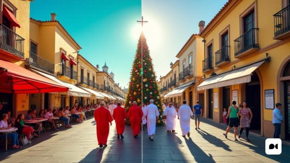 Una escena vibrante que representa el contraste en las celebraciones festivas en España durante 'Setmana Santa'. La imagen se divide en dos mitades: a la izquierda, una calle bulliciosa en Andalucía, adornada con coloridas 'flotadores' y 'procesiones', donde los lugareños vestidos con túnicas tradicionales 'nazareno' participan en las festividades. El ambiente está lleno de emoción, con personas que disfrutan de 'tapas' en cafés al aire libre, y el sol brillando sobre la animada multitud. En el lado derecho, una calle más tranquila en Cataluña, donde se ve a algunas personas sobre sus rutinas diarias, con los 'negocios' abiertos como de costumbre, lo que refleja la falta de espíritu navideño. Los edificios están adornados con decoraciones simples, y un 'calendario' cuelga en una pared que muestra las fechas de las próximas vacaciones, enfatizando la disparidad. Arriba, el cielo pasa de un azul brillante a la izquierda a un gris más moderado a la derecha, simbolizando las diferentes experiencias de 'Setmana Sa