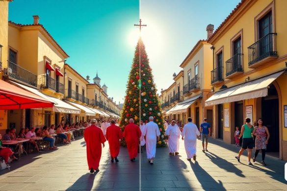 Una escena vibrante que representa el contraste en las celebraciones festivas en España durante 'Setmana Santa'. La imagen se divide en dos mitades: a la izquierda, una calle bulliciosa en Andalucía, adornada con coloridas 'flotadores' y 'procesiones', donde los lugareños vestidos con túnicas tradicionales 'nazareno' participan en las festividades. El ambiente está lleno de emoción, con personas que disfrutan de 'tapas' en cafés al aire libre, y el sol brillando sobre la animada multitud. En el lado derecho, una calle más tranquila en Cataluña, donde se ve a algunas personas sobre sus rutinas diarias, con los 'negocios' abiertos como de costumbre, lo que refleja la falta de espíritu navideño. Los edificios están adornados con decoraciones simples, y un 'calendario' cuelga en una pared que muestra las fechas de las próximas vacaciones, enfatizando la disparidad. Arriba, el cielo pasa de un azul brillante a la izquierda a un gris más moderado a la derecha, simbolizando las diferentes experiencias de 'Setmana Sa