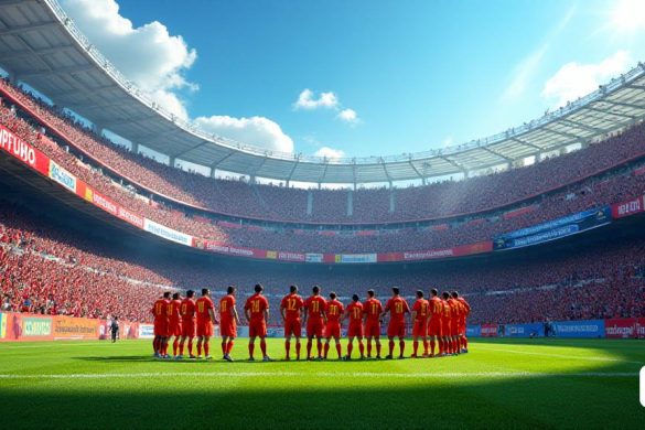 Una escena vibrante que representa el estadio 'Nou Sardenya', lleno de apasionados fanáticos con los colores de 'El Club Esportiu Europa'. Los stands están llenos, con pancartas que agitan y los seguidores cantan, creando una atmósfera eléctrica. En primer plano, un grupo de jugadores en sus kits 'Home' se acurrucan juntos, estrategias para sus próximos partidos, sus expresiones una mezcla de determinación y emoción. El exuberante campo de 'hierba natural' verde está bien mantenido, contrastando con el cielo azul brillante arriba. En el fondo, se puede ver la arquitectura icónica de 'Gràcia', simbolizando las profundas raíces del club en la comunidad. La imagen captura la esencia de la esperanza y la ambición a medida que el equipo se acerca a un momento fundamental en su viaje hacia 'Ascens' hacia el 'Primera Federació'.