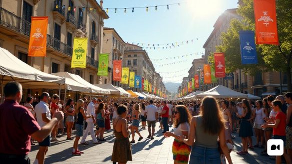 Una escena vibrante que representa el 'Festival Dixieland Tarragona' en pleno apogeo durante su 30ª edición. La imagen captura la atmósfera bulliciosa de las calles de la ciudad adornada con pancartas y carteles coloridos que anuncian las fechas del festival del '24 al 27 de abril'. En primer plano, se reúnen una gran multitud de 'estragonins' y 'estragonines', algunos que sostienen instrumentos musicales como trompetas y trombones, mientras que otros disfrutan de refrescos de los puestos cercanos. El 'Teatre Metropol' es visible en el fondo, su gran fachada acoge a los asistentes al festival. Un grupo de músicos, dirigido por 'Small River Dixie', se puede ver actuando enérgicamente, con un 'violín', 'mandolín' y 'percusión' creando una melodía alegre. El sol brilla intensamente, arrojando un brillo cálido sobre la escena, mientras que el 'Mercat Central' está a poca distancia, llena de actividad. A un lado, un payaso de 'Jazzson’s Five' entretiene a los niños, agregando un toque caprichoso a la atmósfera del