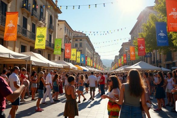Una escena vibrante que representa el 'Festival Dixieland Tarragona' en pleno apogeo durante su 30ª edición. La imagen captura la atmósfera bulliciosa de las calles de la ciudad adornada con pancartas y carteles coloridos que anuncian las fechas del festival del '24 al 27 de abril'. En primer plano, se reúnen una gran multitud de 'estragonins' y 'estragonines', algunos que sostienen instrumentos musicales como trompetas y trombones, mientras que otros disfrutan de refrescos de los puestos cercanos. El 'Teatre Metropol' es visible en el fondo, su gran fachada acoge a los asistentes al festival. Un grupo de músicos, dirigido por 'Small River Dixie', se puede ver actuando enérgicamente, con un 'violín', 'mandolín' y 'percusión' creando una melodía alegre. El sol brilla intensamente, arrojando un brillo cálido sobre la escena, mientras que el 'Mercat Central' está a poca distancia, llena de actividad. A un lado, un payaso de 'Jazzson’s Five' entretiene a los niños, agregando un toque caprichoso a la atmósfera del