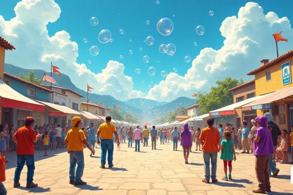 Una escena vibrante que representa el municipio de 'Montgai' bullicioso de emoción mientras se prepara para la 'Ensabonada', un evento destinado a romper un récord mundial de Guinness al liberar un millón de 'burbujas de jabón' en el cielo. El cielo es un azul claro, salpicado de nubes blancas esponjosas, y a medida que los participantes se reúnen, el aire está lleno de anticipación. En primer plano, un grupo diverso de personas, incluidas familias y niños, están equipados con coloridos dispositivos de fabricación de burbujas, algunos con ponchos 'impermeables' brillantes para protegerse de la mezcla de jabón. Cerca de aquí, un stand muestra el tradicional proceso de creación de 'jabón artesanal', donde los 'fabricantes de jabones' calificados demuestran el uso de aceite reciclado y métodos tradicionales para crear 'jabón hecho a mano'. La atmósfera es festiva, con pancartas que muestran el logotipo del evento revoloteando en la suave brisa. En el fondo, se recoge una gran multitud, observando ansiosamente un