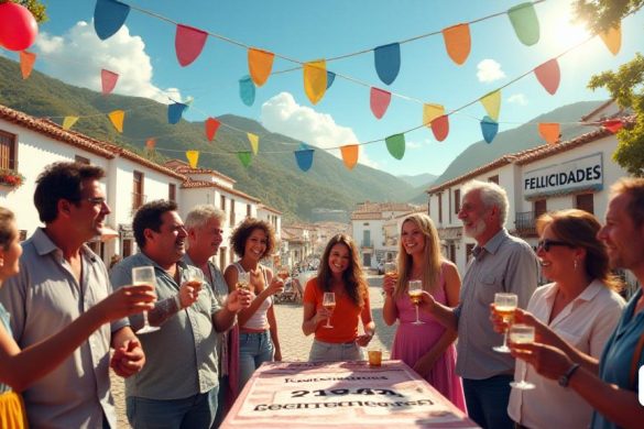 Una escena vibrante que representa la atmósfera alegre en 'Tejeda de Tiétar', un pintoresco pueblo en 'Càceres', España, celebrando una reciente victoria en lotería. La imagen captura una bulliciosa plaza de la ciudad, 'Plaça del Rollo', adornada con pancartas y globos coloridos, revoloteando en la suave brisa. En primer plano, un grupo de lugareños jubilantes, con sonrisas anchas y ojos brillantes, se recogen alrededor de una pequeña mesa que muestra el boleto de lotería ganador con el código 'MZQ15452'. Están sosteniendo vasos de 'cava' brillantes, tostando al nuevo millonario entre ellos. El fondo presenta una encantadora arquitectura tradicional española, con edificios encalados y techos de terracota, rodeados de exuberantes colinas verdes bajo un cielo azul claro. Una gran señal en la plaza dice 'Felicidadas!' En letras audaces, celebrando la buena fortuna que ha tocado a su comunidad. El ambiente general es uno de emoción y camaradería, ya que los miembros del pueblo comparten la alegría de la nueva riq