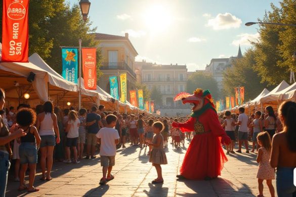 Una escena vibrante que representa la atmósfera bulliciosa de la 'Mostra Igualada', un festival dedicado a 'actuaciones infantiles y juveniles'. La imagen captura a una multitud diversa de familias y niños, todos involucrados en diversas actividades. Las pancartas coloridas revolotean en la brisa, mostrando el logotipo del festival y las palabras 'Mostra Igualada'. En primer plano, un grupo de niños, sus rostros encendidos con emoción, se reúnen alrededor de un artista callejero vestido con un disfraz caprichoso, realizando trucos que provocan risas y aplausos. Cerca, los puestos de comida ofrecen una variedad de 'delicias locales', con familias que disfrutan de bocadillos y refrescos. El fondo presenta una etapa en la que se está realizando una actuación cautivadora, con actores con trajes vibrantes que involucran a la audiencia. El ambiente está lleno de alegría y creatividad, que encarna el espíritu del festival. El sol brilla intensamente, lanzando un cálido brillo sobre la escena, mejorando el estado de